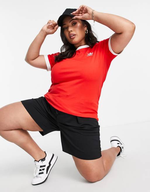 Red adidas three best sale stripe t shirt