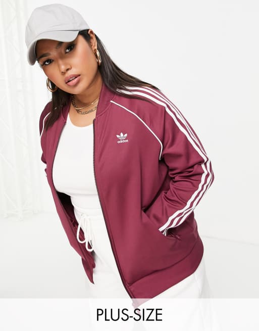 adidas Originals Plus adicolor three stripe track top in crimson