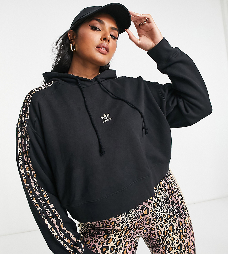 adidas Originals Plus cropped hoodie with leopard print stripes in black