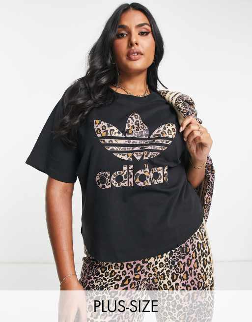 adidas Originals Plus leopard print trefoil cropped t shirt in