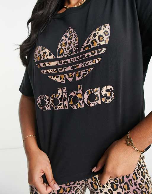 adidas Originals leopard print large logo t-shirt in black