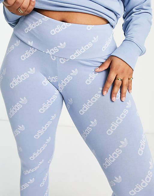 adidas Originals Plus 'Logomania' repeat logo leggings in light blue, ASOS