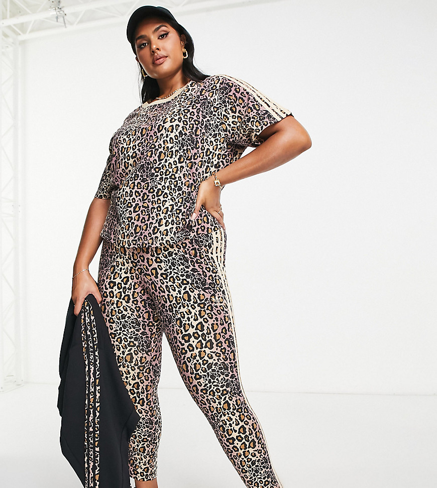 Adidas Originals Plus three stripe leopard print leggings in magic beige and black-Neutral