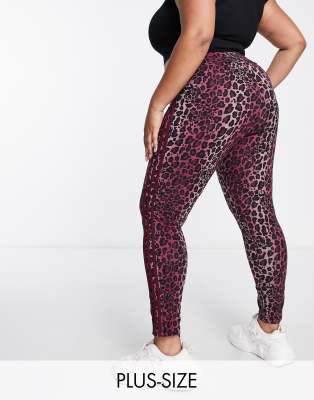 adidas Originals Plus three stripe leopard print leggings in maroon red