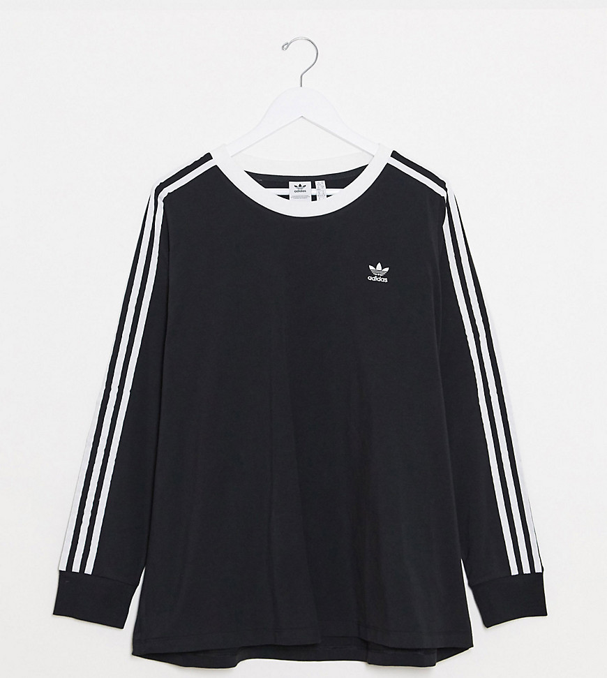 Adidas Originals – Plusstorlek – adicolor – Svart långärmad t-shirt med tre ränder-Rosa