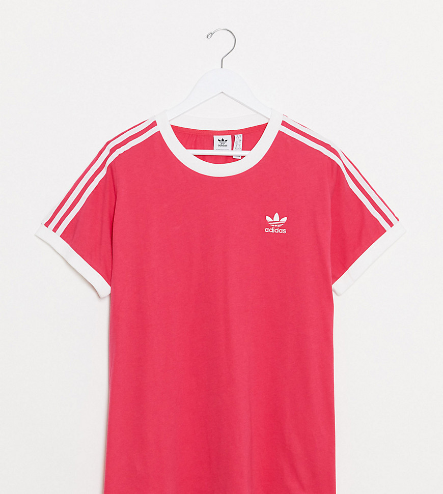Adidas Originals – Plusstorlek – Rosa t-shirt med 3 ränder och kantrand