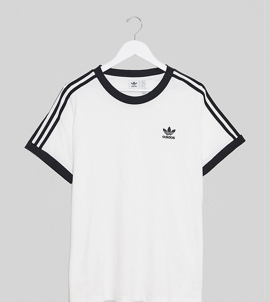 Adidas Originals – Plusstorlek – Vit t-shirt med kontrasterande halsringning och 3 ränder