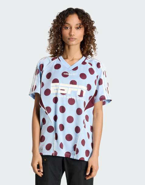 adidas Originals polka dot jersey in blue and burgundy