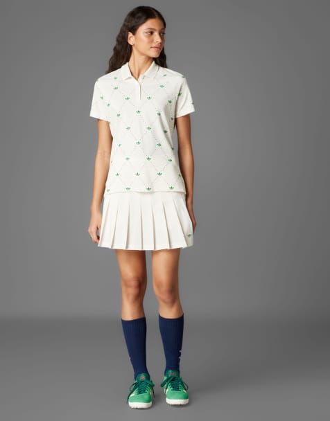 adidas Originals - Polo de golf à imprimé trèfle - Blanc craie/vert - view 1