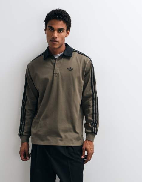 adidas Originals - polo de manga larga de tres rayas en caqui - view 1