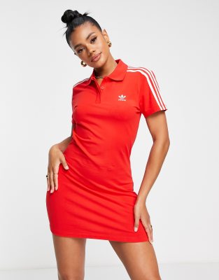 adidas Originals polo three stripe dress in red