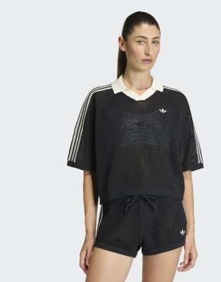 adidas Originals - Polohemd aus Häkelstrick in Schwarz