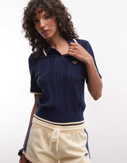 adidas Originals Polohemd mit Zopfmuster in Marineblau, 3 von 4