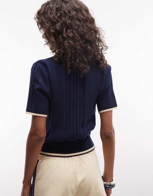 adidas Originals Polohemd mit Zopfmuster in Marineblau, 4 von 4