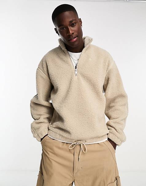 아디다스 adidas Originals Premium Essentials 1/2 zip teddy fleece coach jacket in beige,Wonder Beige