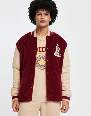 adidas Originals 'Preppy Varsity' boyfriend fit varsity jacket in burgundy and beige - ASOS Price Checker