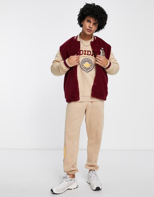 adidas Originals Preppy Varsity boyfriend fit varsity jacket in burgundy and beige