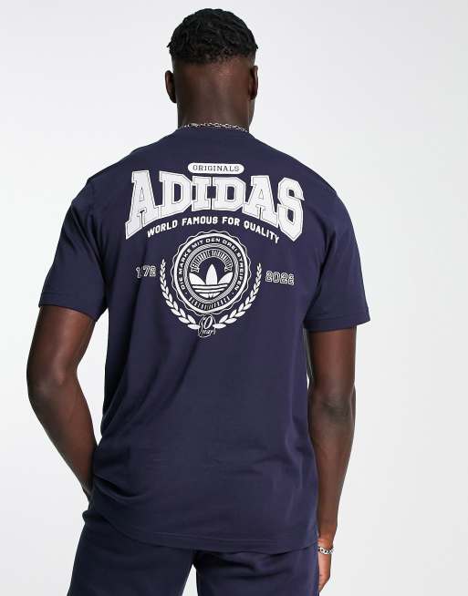 adidas Originals – Preppy Varsity – Ciemnogranatowy T-shirt z dużym nadrukiem na plecach