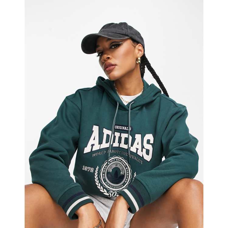 adidas Originals Preppy Varsity large logo hoodie in dark green | ASOS