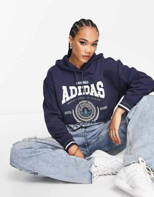 adidas Originals \'Preppy Varsity\' large logo hoodie in dark navy | ASOS