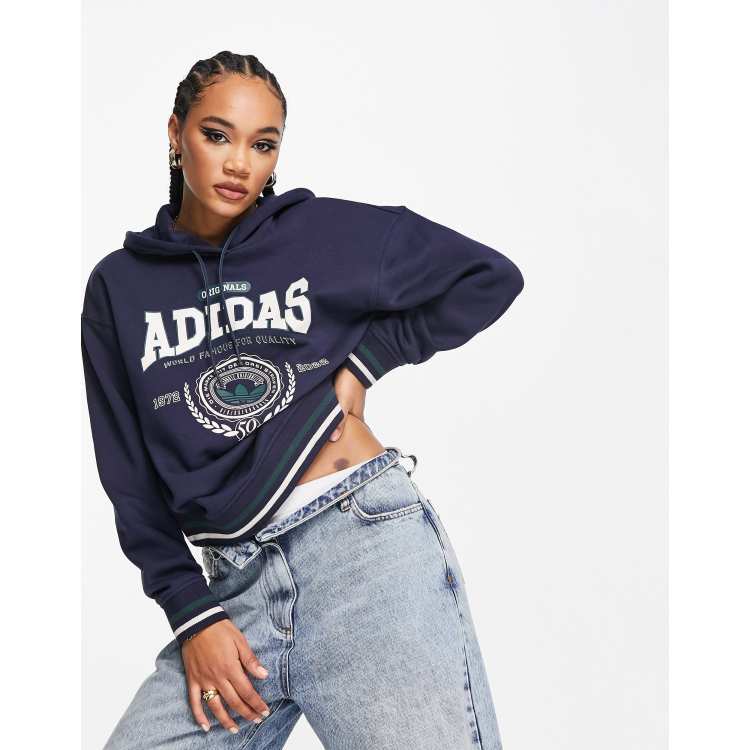 Emotie Banket draadloos adidas Originals Preppy Varsity large logo hoodie in dark navy | ASOS