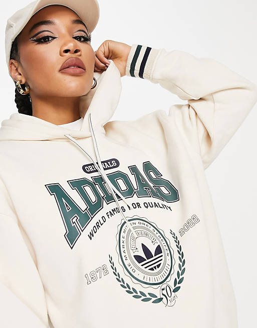 adidas Originals Preppy Varsity large logo hoodie in off white | ASOS