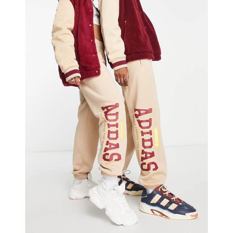 adidas Originals \'Preppy Varsity\' large logo oversized sweatpants in beige  | ASOS