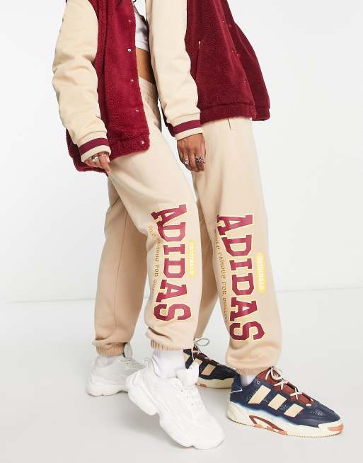 adidas Originals Preppy Varsity large logo oversized sweatpants in beige