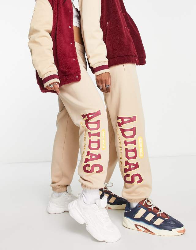 adidas Originals 'Preppy Varsity' large logo oversized sweatpants in beige