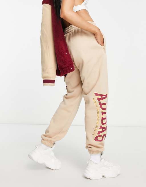 adidas Originals 'Preppy Varsity' large logo oversized sweatpants in beige