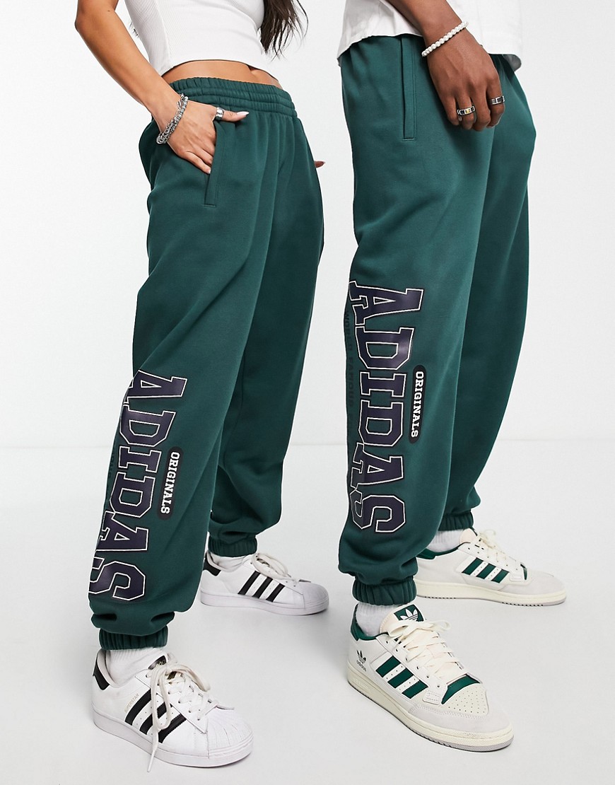 Adidas Originals Preppy Varsity large logo oversized sweatpants in dark green