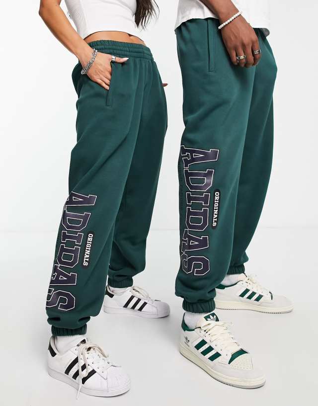 adidas Originals Preppy Varsity large logo oversized sweatpants in dark green