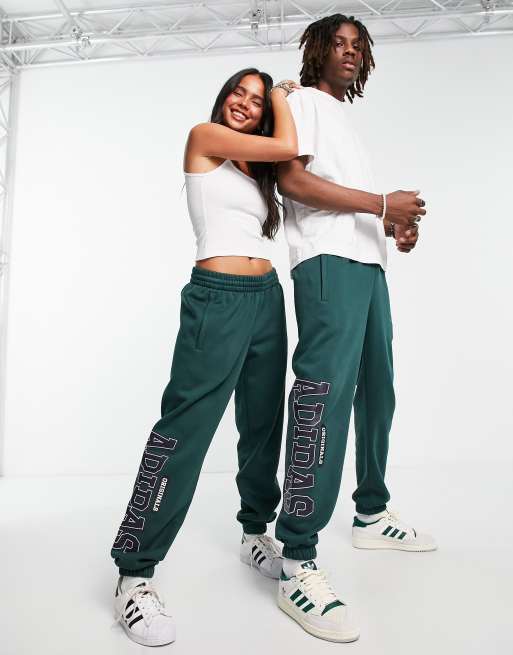 adidas Originals Preppy Varsity large logo oversized sweatpants in dark  green