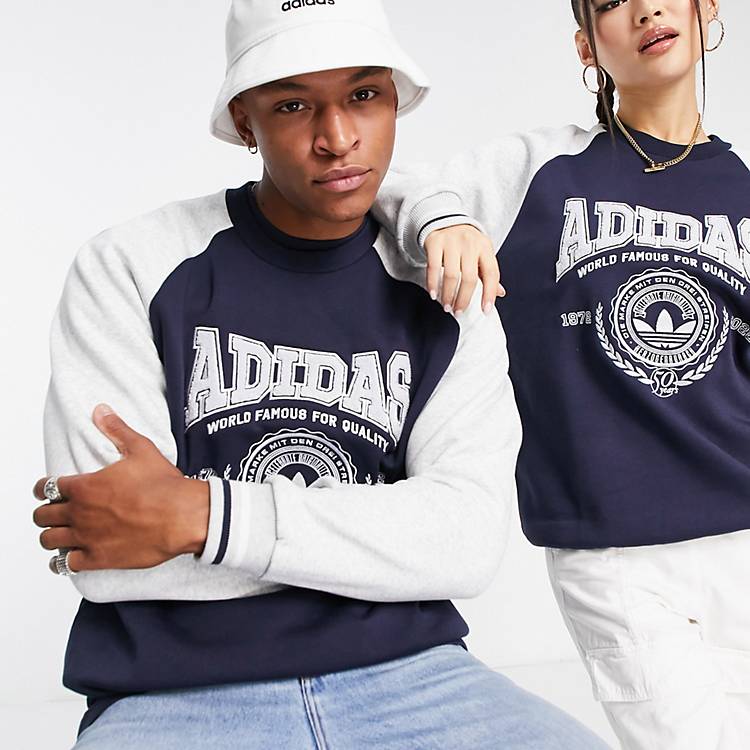 adidas Originals preppy varsity large logo sweatshirt in dark navy and gray  | ASOS