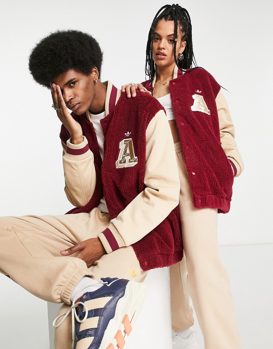 Adidas Originals 'preppy Varsity' Unisex Varsity Jacket In Burgundy And Beige-red