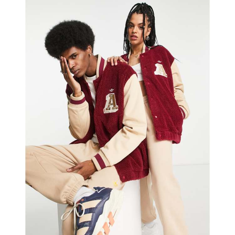 adidas Originals 'Preppy Varsity' unisex varsity jacket in burgundy and  beige