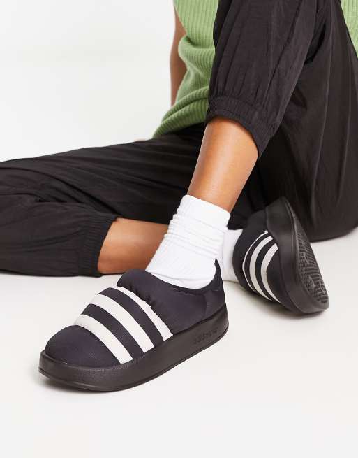 adidas Originals Puffylette shoes in black with white detail
