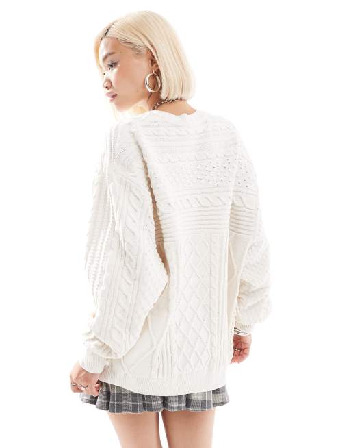adidas Originals - Pull en maille torsadée avec logo trèfle - Blanc, 3 de 4