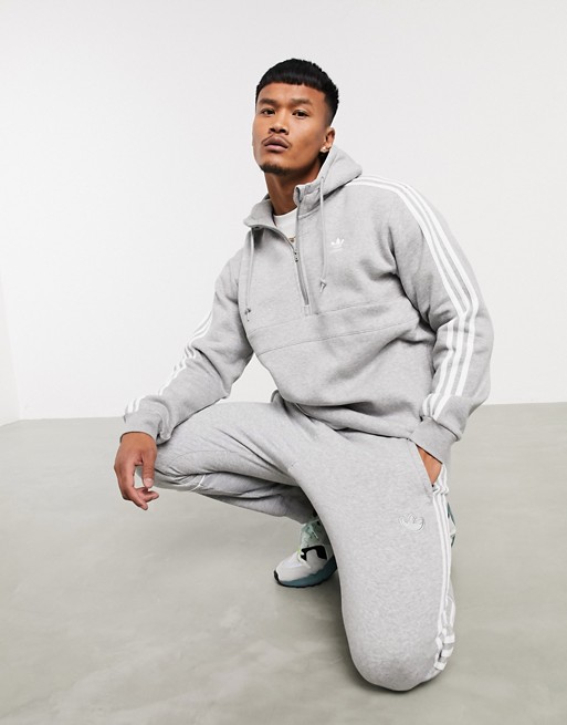 adidas Originals quarter zip hoodie with 3-stripes in grey