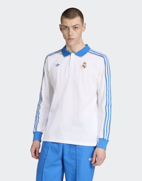 adidas Originals Real madrid terrace icons long sleeve polo shirt in white / blue bird