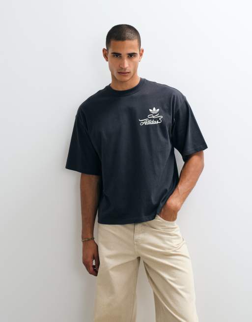 adidas Originals record graphic backprint tee in dark grey, 2 of 5