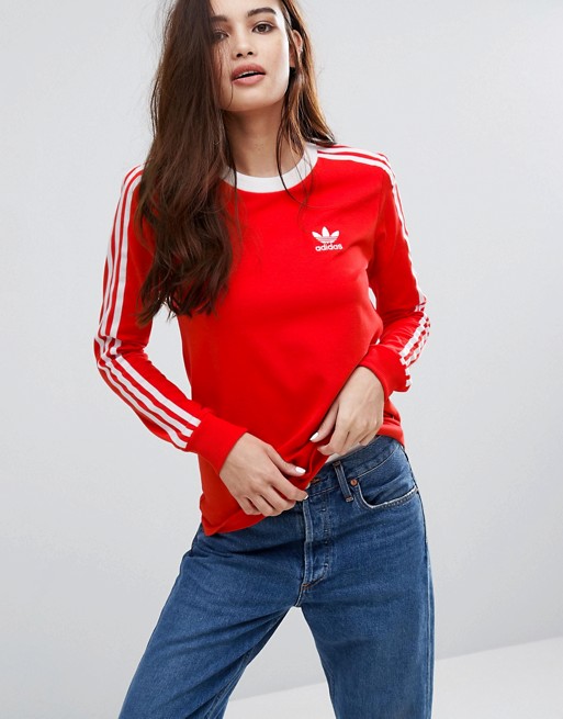 Adidas | adidas Originals Red Three Stripe Long Sleeve T-Shirt