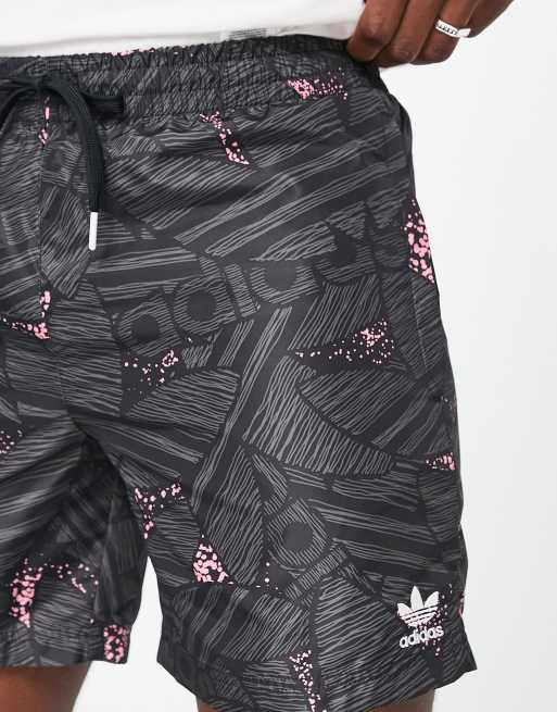 Black & Gray Monogram Print Swim Shorts - Swimwear for Men