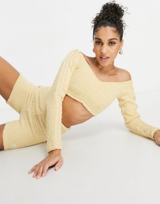 adidas Originals 'Relaxed Risqué' fluffy knit rouched crop long sleeve top in beige - ASOS Price Checker
