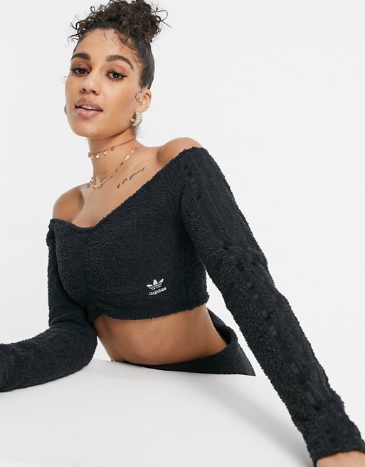 adidas Originals 'Relaxed Risqué' fluffy knit rouched crop long sleeve top in black