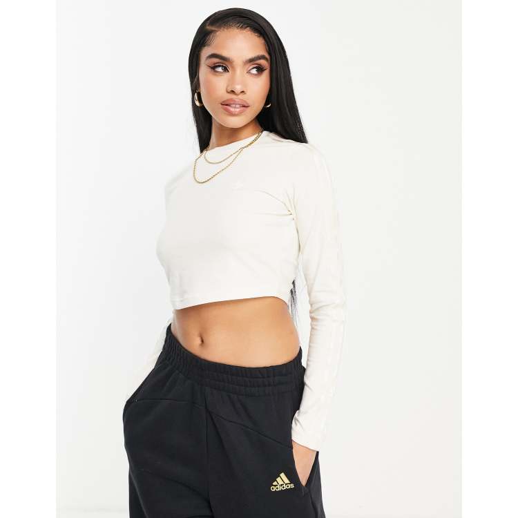 ★adidas★ Essential Lip Crop Long Sleeve Tee Ivory IY9663 CLOTHING - Essentials Ribbed Crop Long Sleeve Tee - White