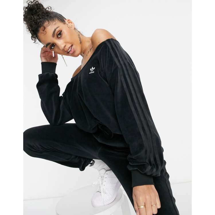 adidas Originals Relaxed Risque velour off the shoulder sweatshirt in black ASOS