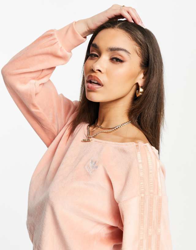 adidas Originals 'Relaxed Risque' velour off the shoulder sweatshirt in blush