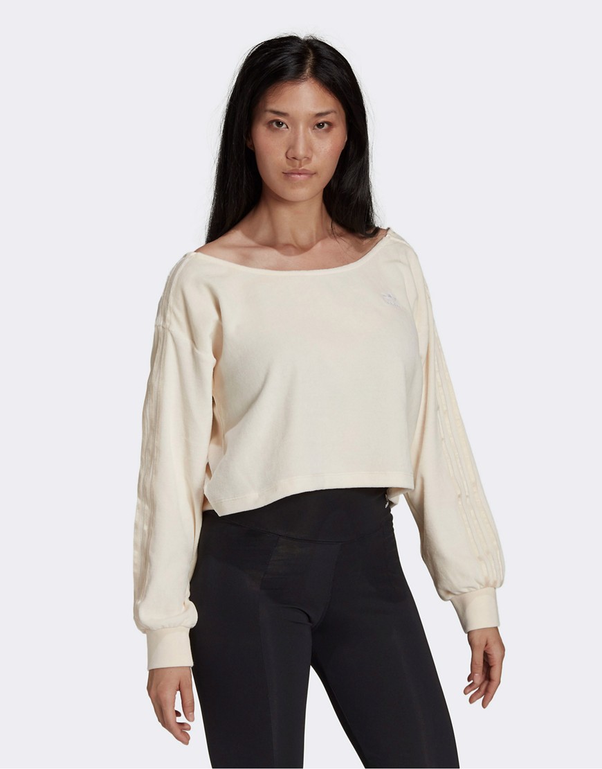 adidas Originals 'Relaxed Risque' velour off the shoulder sweatshirt in off white