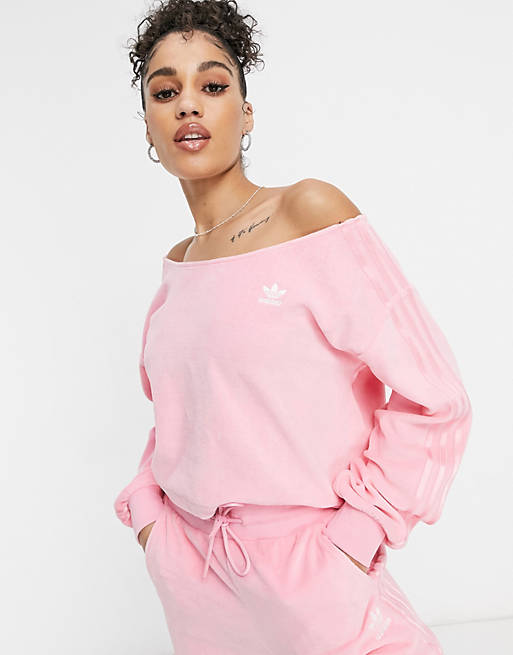 Loungewear adidas Originals 'Relaxed Risqué' velour off the shoulder sweatshirt in vibrant pink 